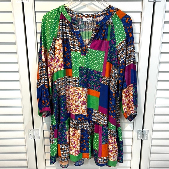 Fate Womens All In Good Time Green Patchwork Mini Dress Sz Small Floral Popover - Picture 14 of 14